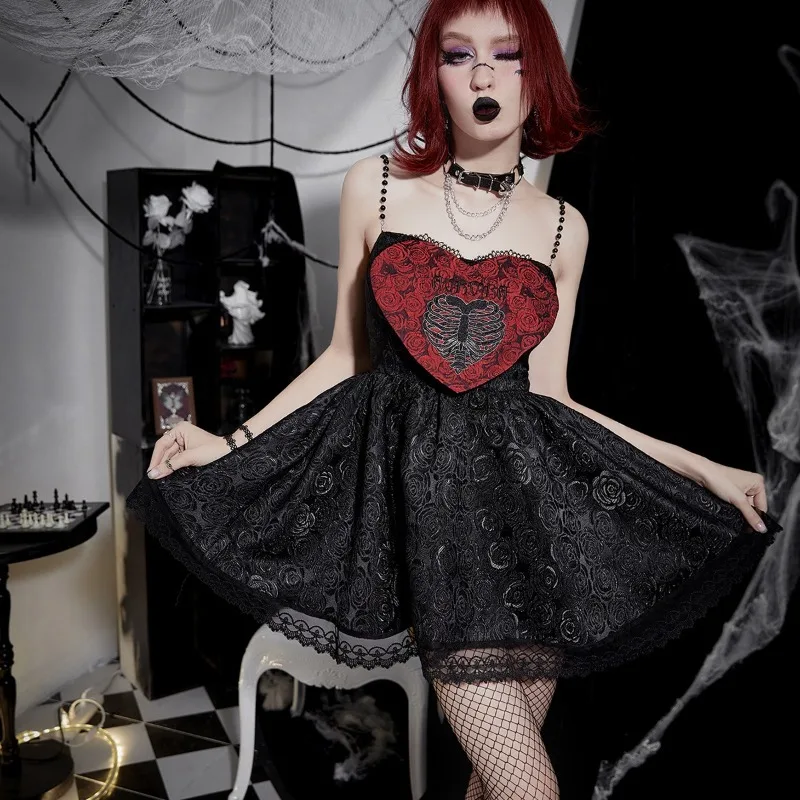 Women Dark Lolita Gothic Cosplay Slim Spice Girl Halter Short Dress Outfits Detachable Heart Dress Female Role Play Costume