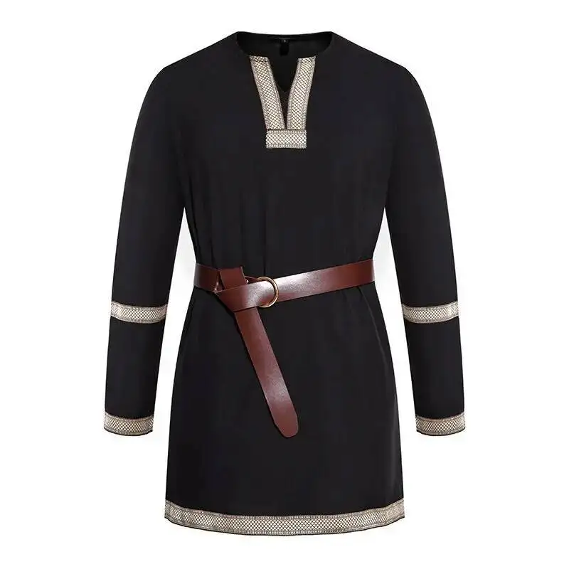 T-shirt 2024 Spring/Summer New Men's Medieval Clothing Fashion Color Blocked Medium To Long Length Men's Long Sleeve T-shirt
