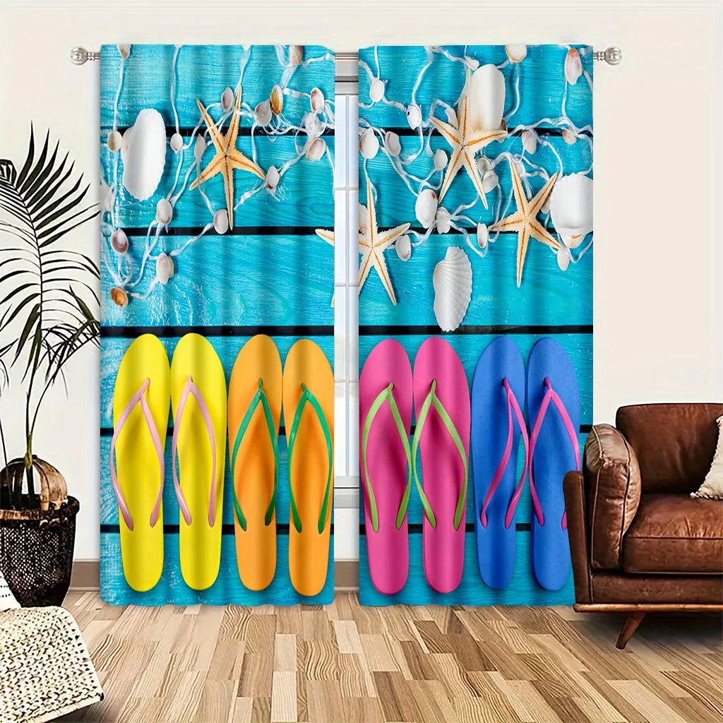 Summer Beach Curtains, Flip Flops & Starfish Print Window Drapes, Tropical Ocean Theme Decor for Living Room, Blackout Fabric