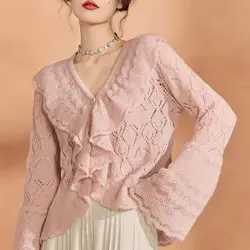 Korea sweater cardigan Women Flounce Collar Knit Blouse Long Flare Sleeve Tops Autumn Sexy Elegant Chic Shirts Female Knitwear