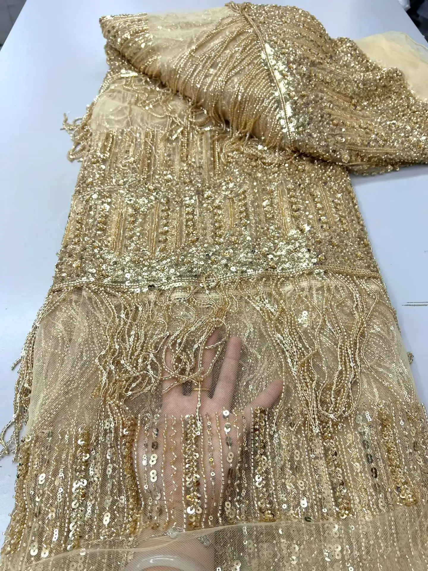 

African 3D Tassels Lace Fabric 2026 French Sequins Fabric Sewing Embroidery Beaded Lace Tulle Mesh Nigeria Dress 5 Yards sewing