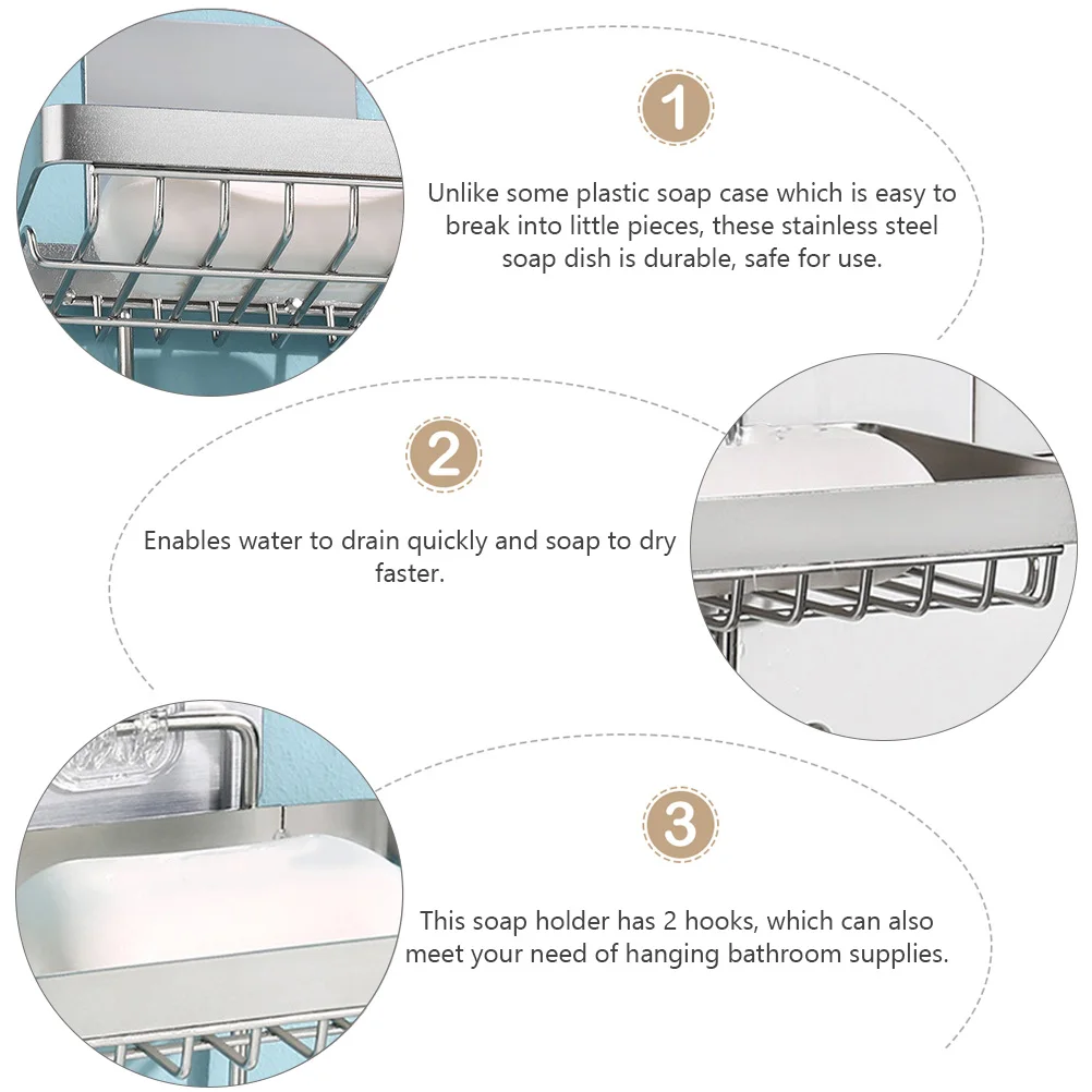 

Stainless Steel Holder With 2 Hooks Wall Mounted Draining Soap Dish Bath Organizer Bathroom Accessories Soap Tray
