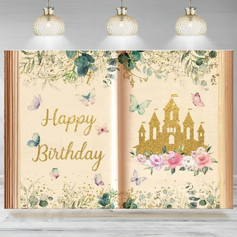 

Castle Backdrop Girl Birthday Party Storybook Spring Pink Floral Butterfly Photography Background Princess Decorations Banner