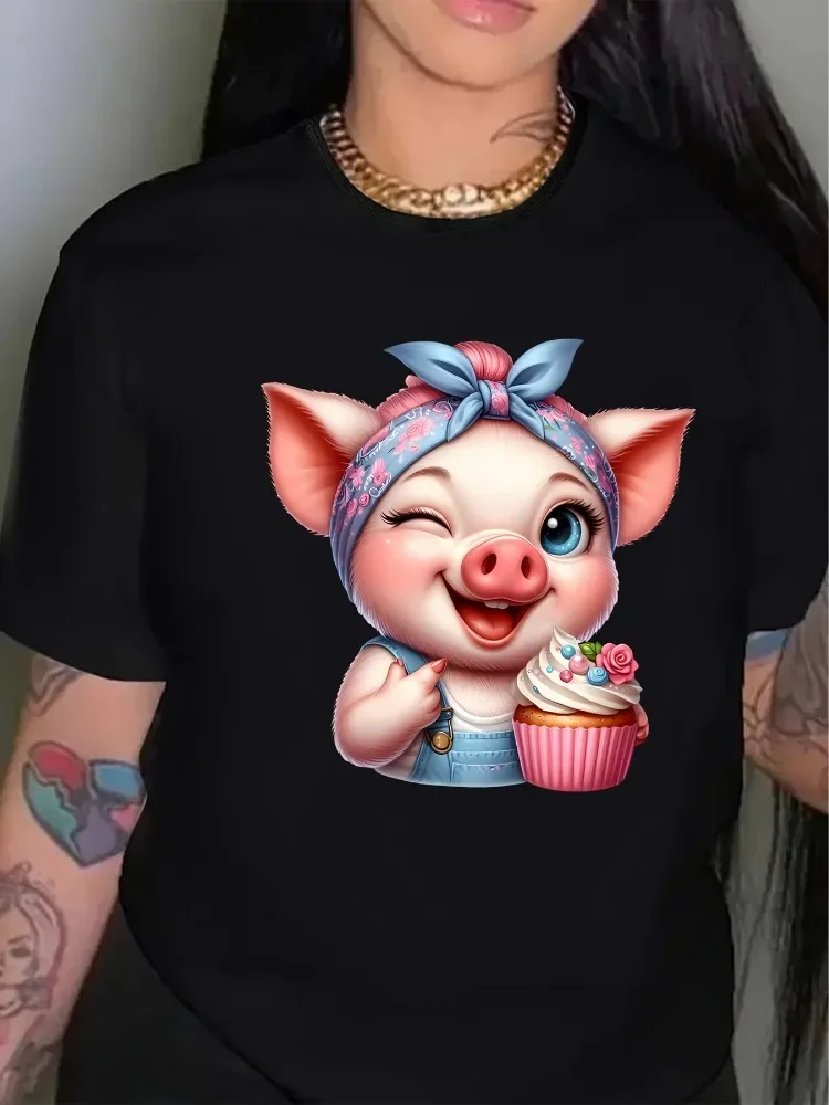 Camiseta con estampado de cerdo de dibujos animados para mujer camiseta divertida con estampado de pastel y helado cuello