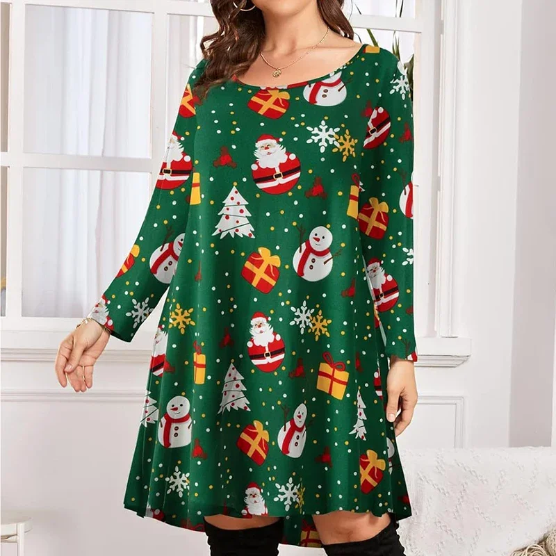 أنيقة زائد حجم فستان عطلة عيد الميلاد طباعة ثلج طويلة الأكمام الخريف الشتاء الملونة عارضة الطباعة تي شيرت فستان قصير #2