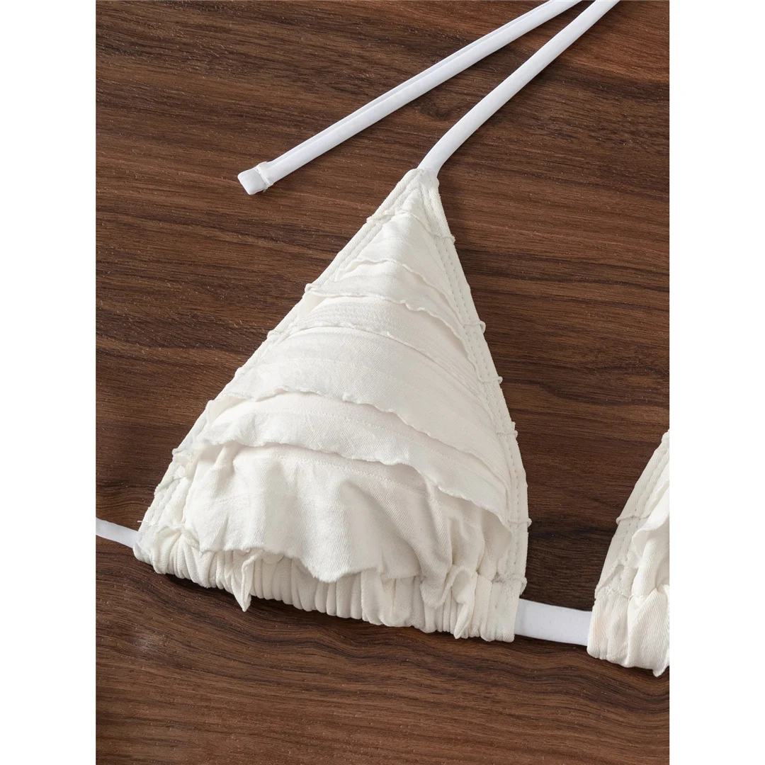 Rüschen-Bikini mit hohem Beinausschnitt, zweiteiliger Badeanzug für Damen, gepolsterter Badeanzug, Badebekleidung, Modell V7056. – Detail 7