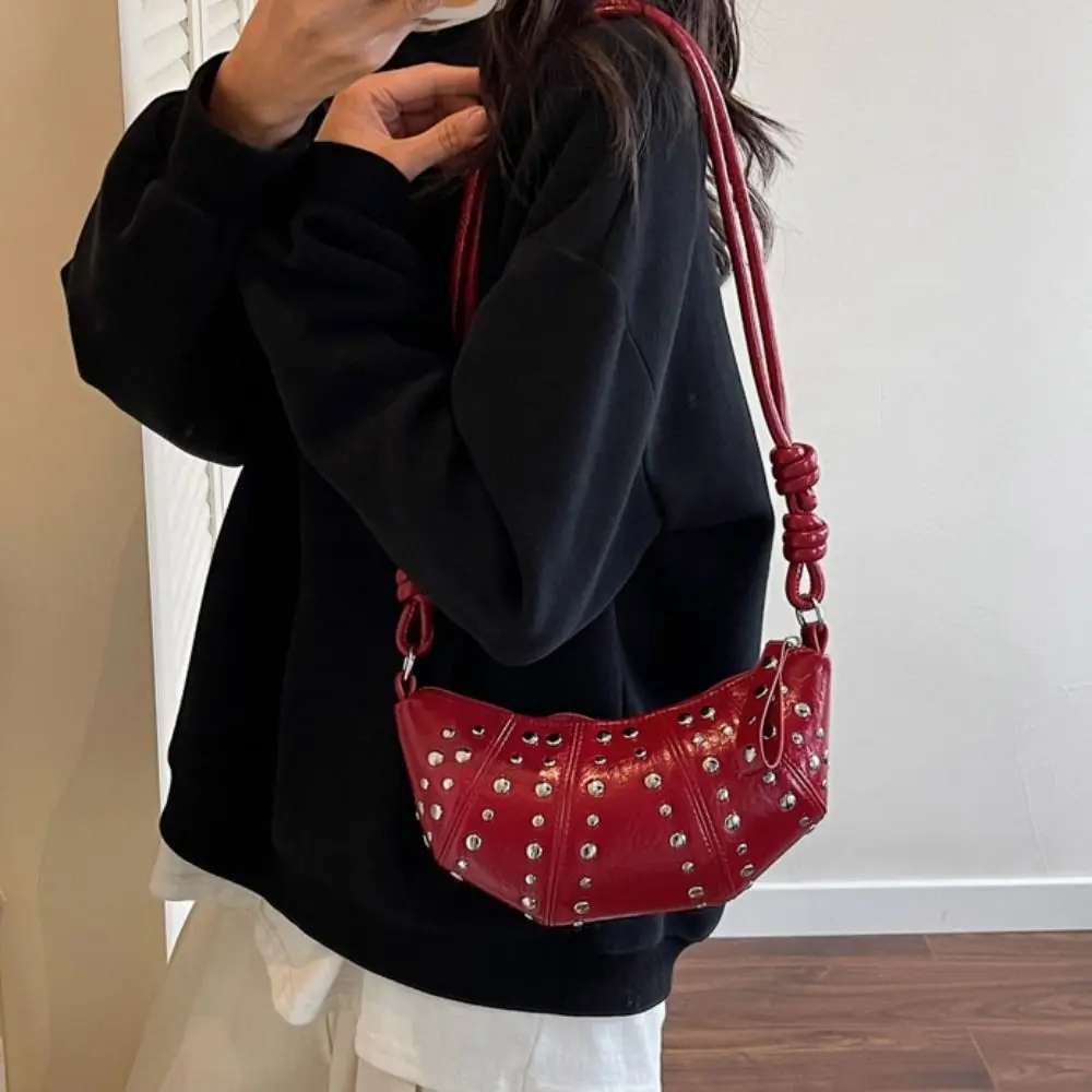 

Crossbody Bag Croissant Shoulder Bag Brown Solid Color Rivets PU Dumplings Bag Korean Style Small Pack Punk Style Handbags Girls