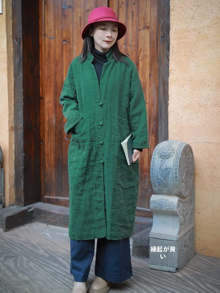 Retro een Thiened Winter Cotton Clothes New Chinese Sle Loose Mid-Length Linen Cotton Jaet Versatile Warm Outerwear