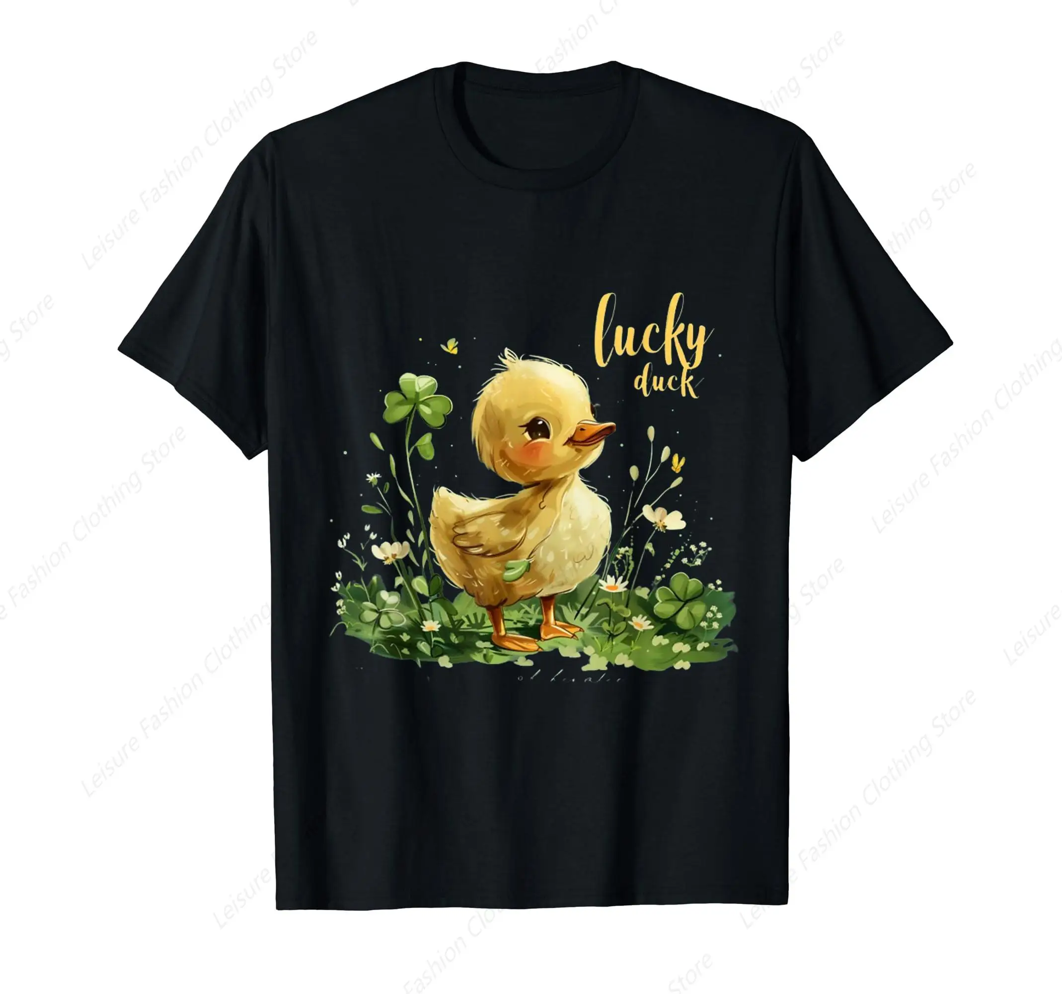 Cute Ducky And Four Leaf Clover Lucky Duck T-Shirt Round Neck Short Sleeves Cotton Tee Shirt Tops