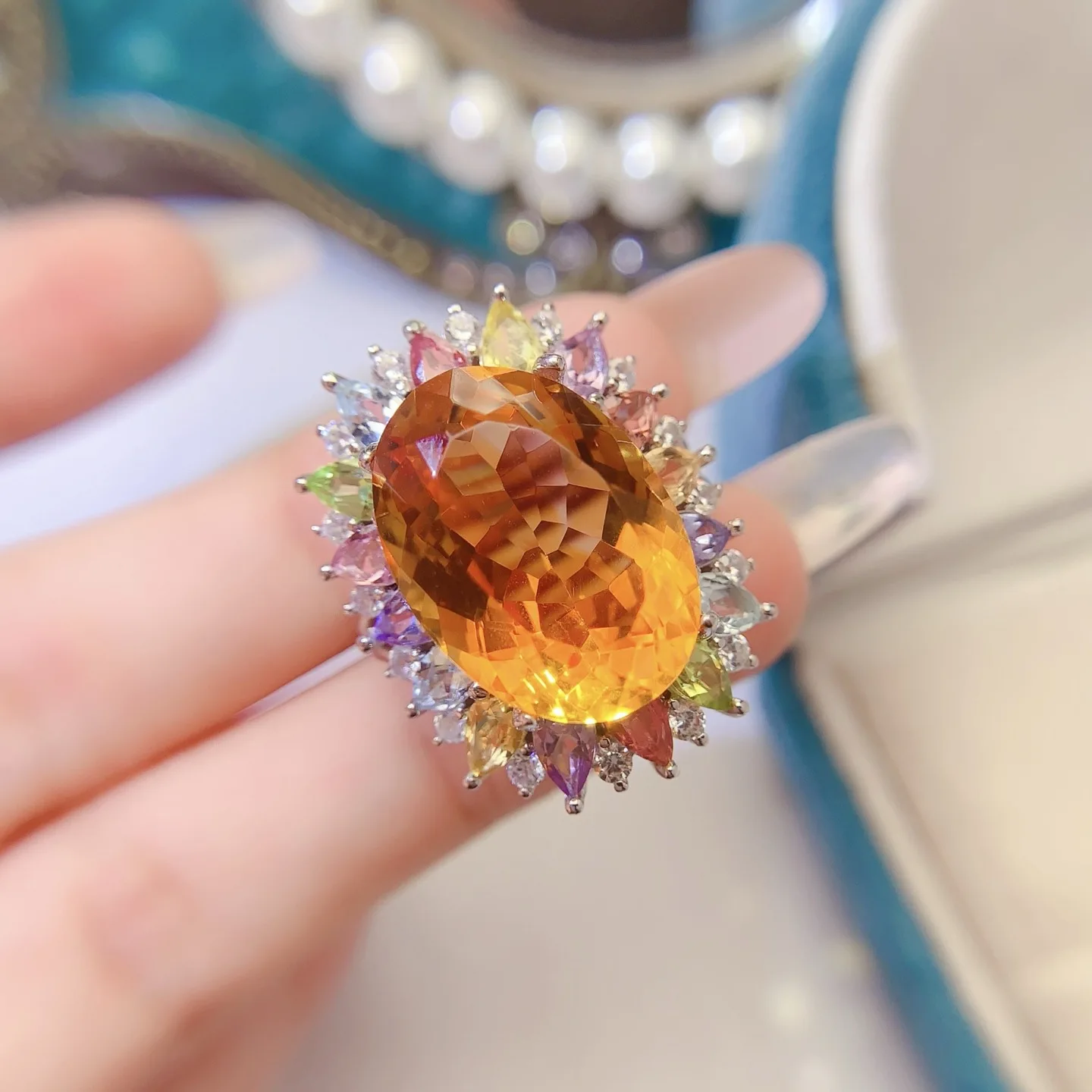S925 Silver Natural Citrine Ring,13*18mm Oval Gem Rainbow Multi Stone Halo Adjustable Women Statement Ring