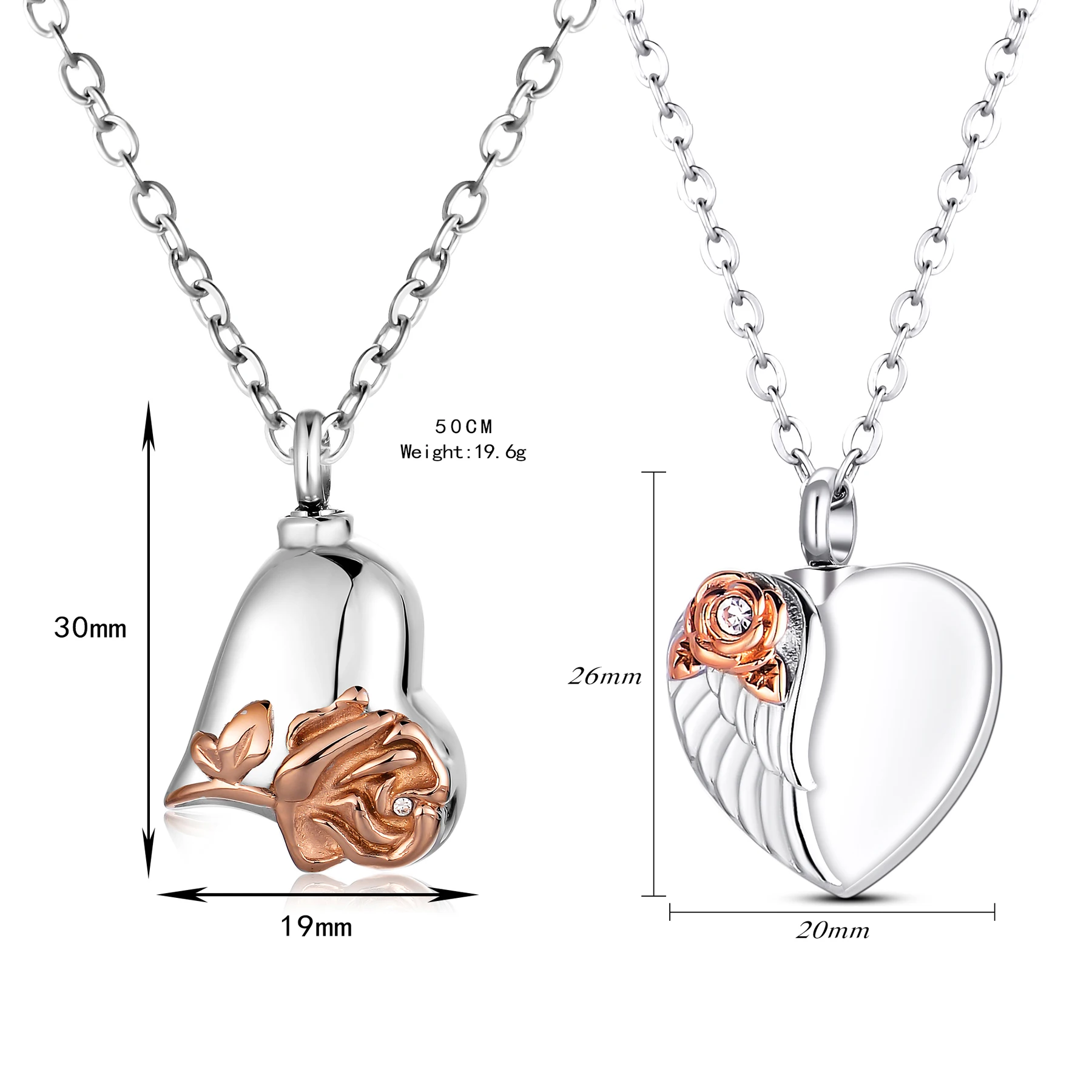 Herz mit Rose Urnen-Halskette aus Edelstahl mit Strasssteinen, Liebeskremations-Anhänger für Asche, Andenken-Schmuck für Frauen – Detail 1