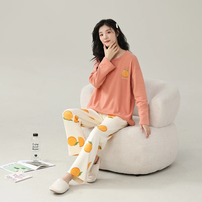 Orange Womens Pajamas Cute Kawaii Sleepwear Long Sleeves Long Pants Autumn Winter Girl Pyjamas Soft Pijamas Cozy Lady Pjs Nighty