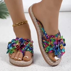 2025 New Women Fashion Casual Shoes Flat Vacation Holiday Slippers for Woman Braided Floral Pattern Open Toe  Beach Flip Flops