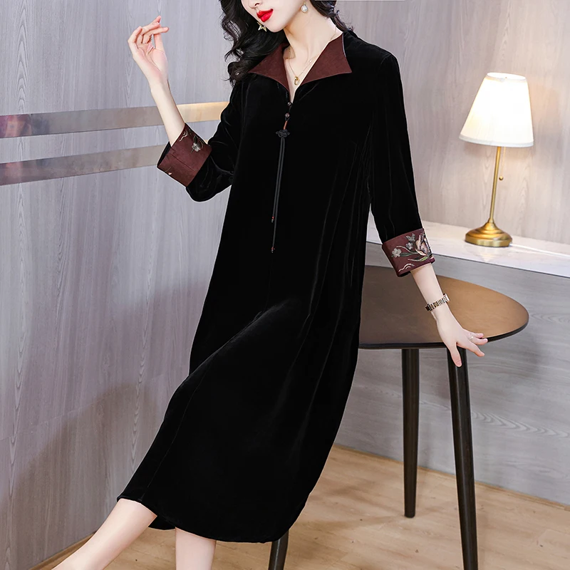 Vintage Printed Gold Velvet Dress New Fashion Temperament Women Loose Long Elegant Korean Full Sleeve Dresses