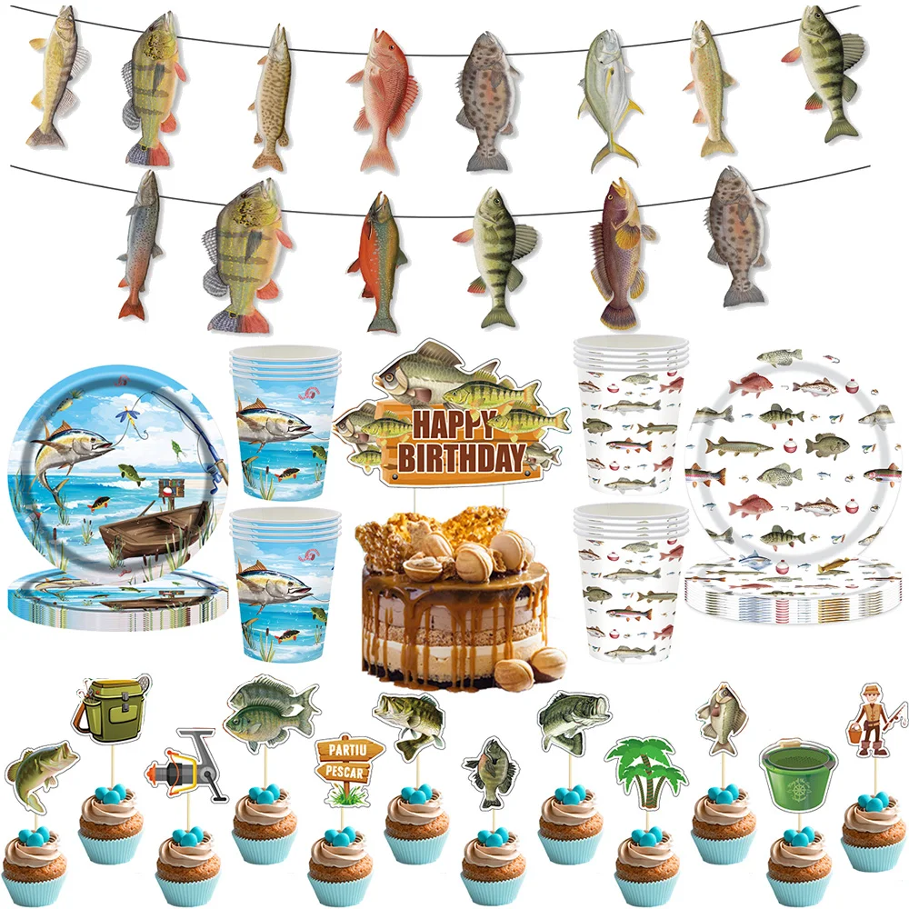 Decoraciones de cumpleaños de pesca, pancarta de cumpleaños de pesca, vajilla desechable, adornos para pasteles, suministros para fiestas temáticas de pesca