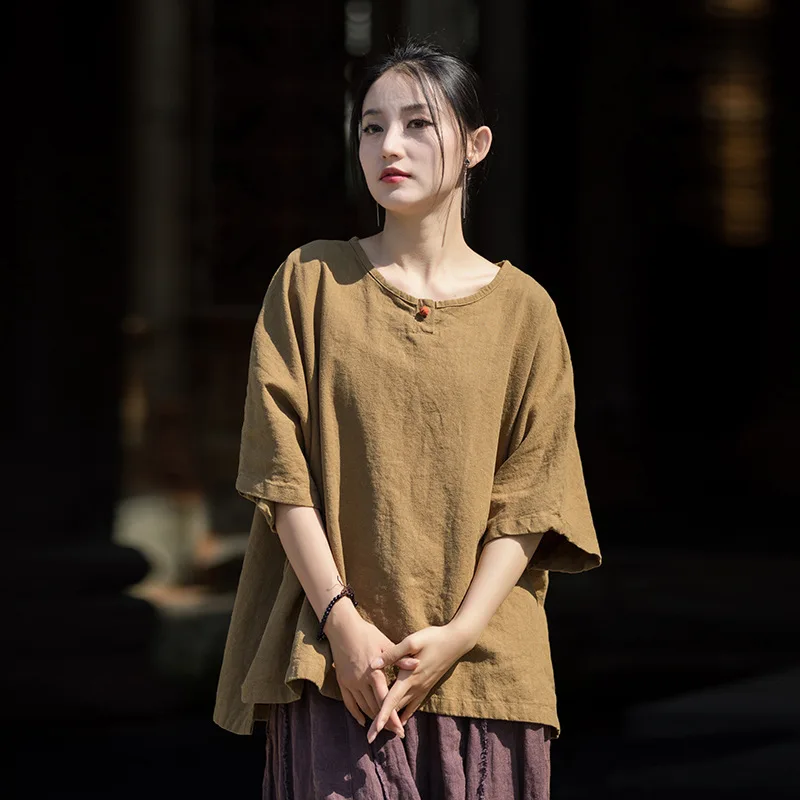 

Summer Cotton and Linen Women's Clothing New Chinese Style Improved Pullover Ramie Stone Washed Short-Sleeved T-shirt