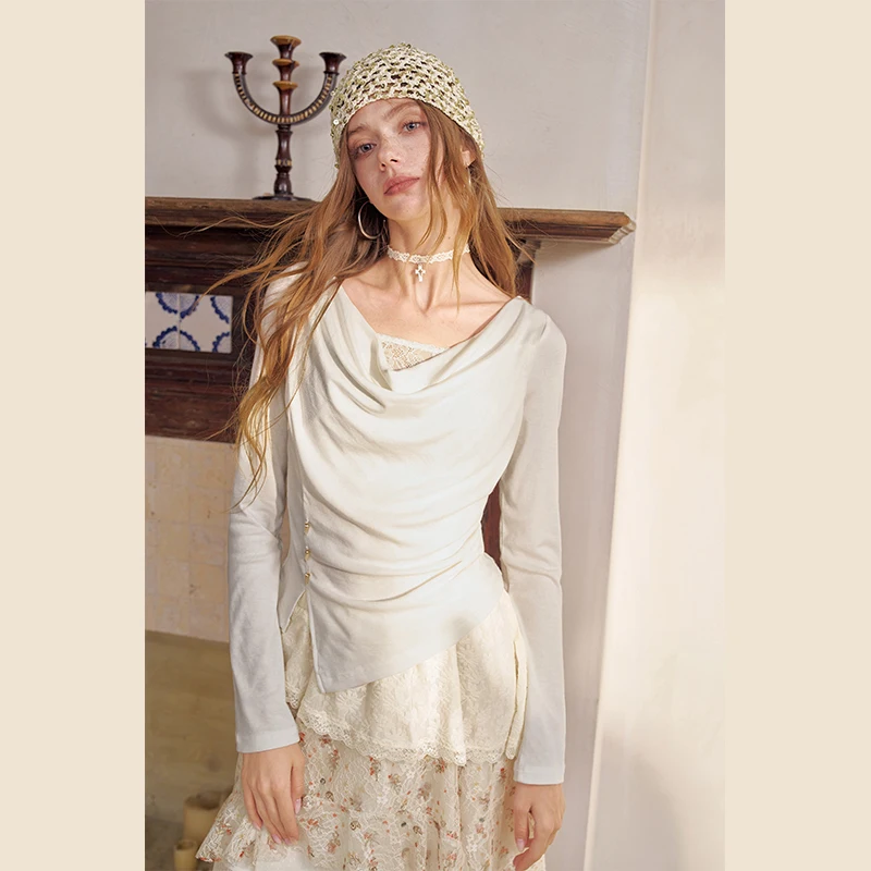 ELFSACK Women's Cowl Neck Long Sleeve Top with Lace Detail, Asymmetrical Hem Fitted Tee, Elegant Casual Wear