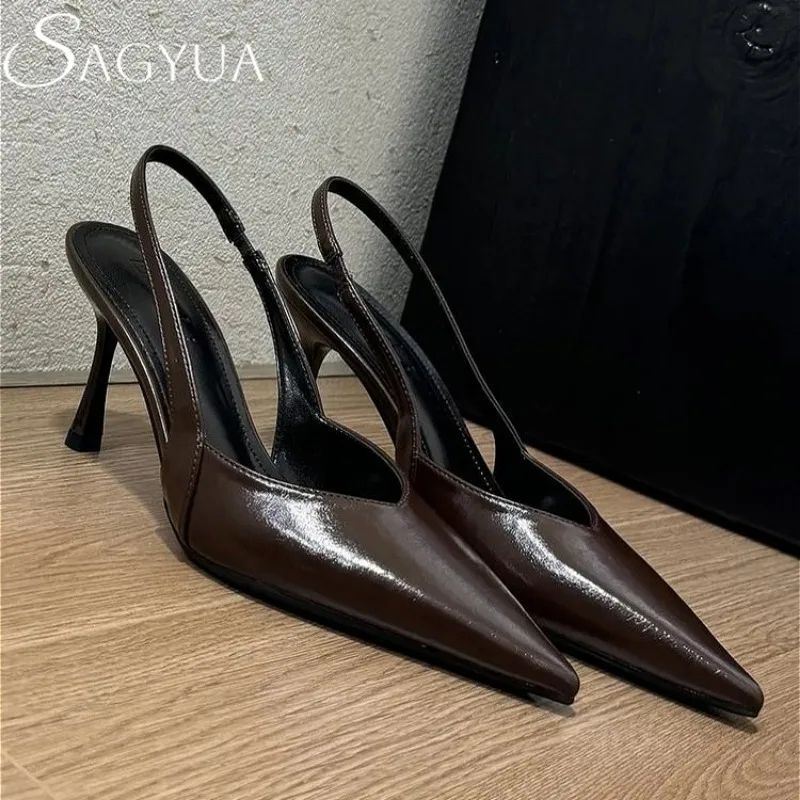 

Sexy Pointed Toe Heeled Sandals High Heels Shoes Women Slippers Summer Slingback 2025 Trend Dress Pumps Leather Sandalias Mujer