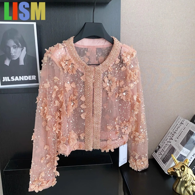 

LISM 2025 Sexy Retro Luxury Beaded 3D Floral Sequins Embroidered Organza Short Coat Women Fashion O Neck Long Sleeve Jacket Top