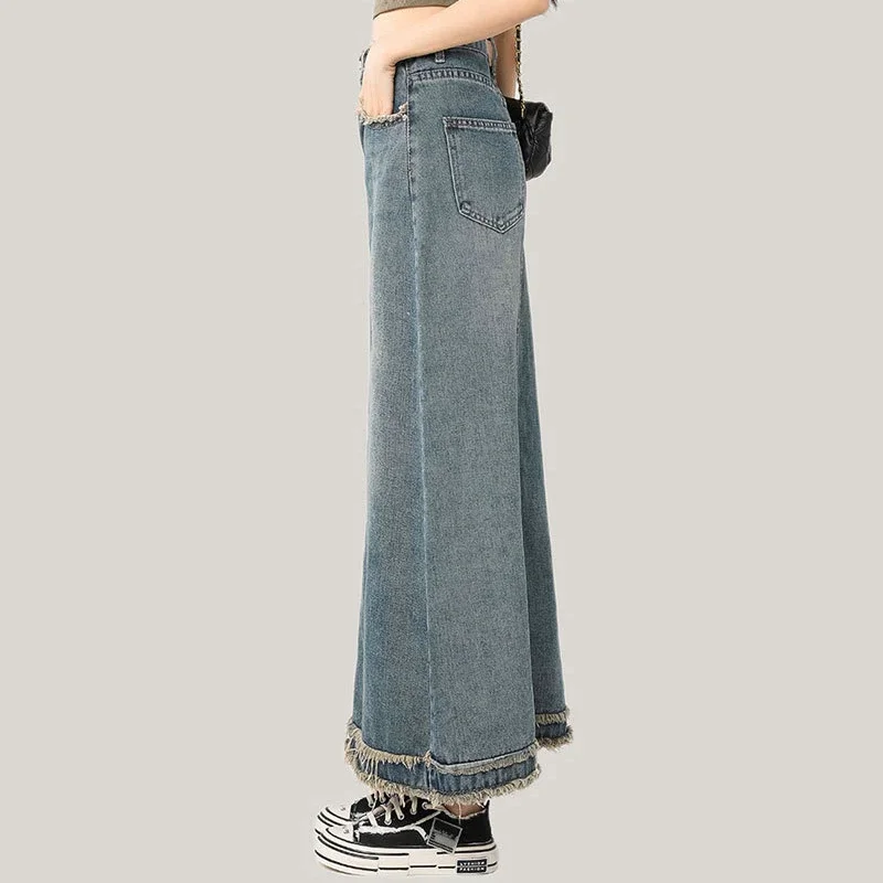 Women\'s Denim Skirt with Front Slit Maxi Long Blue Stylish Casual Plain Tall Girl Floor Jeans Summer