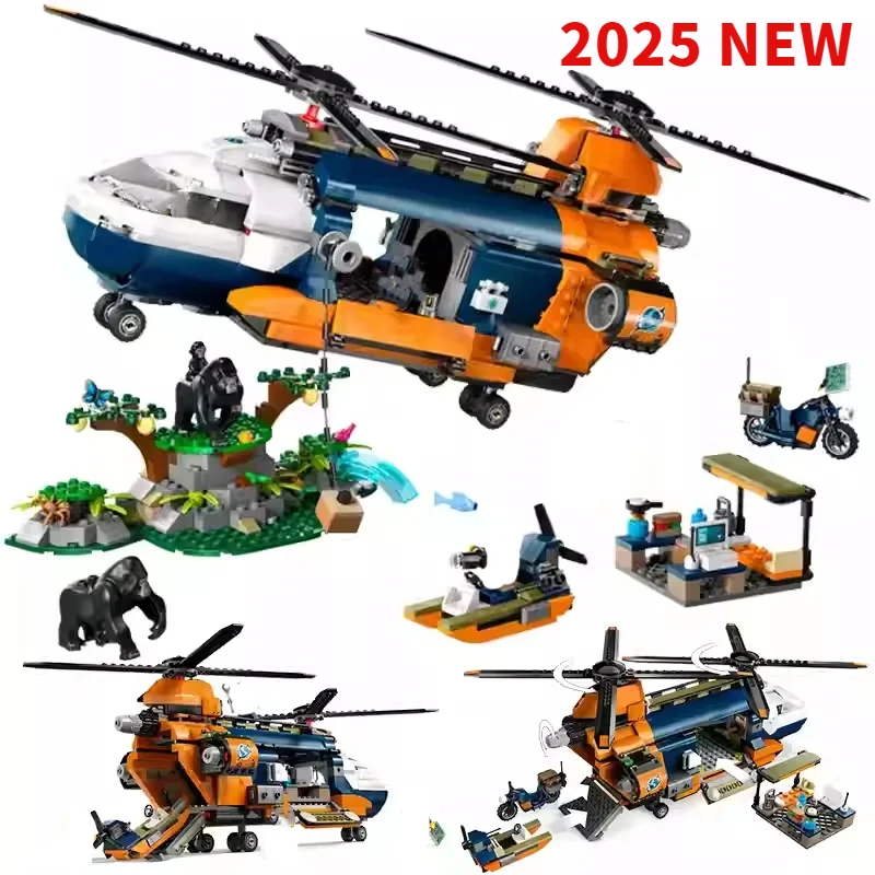 

Compatible MOC Sets City Series Building Blocks Jungle Explorer Helicopter at Base Great chimpanzee Toys for Kids Gift 60437