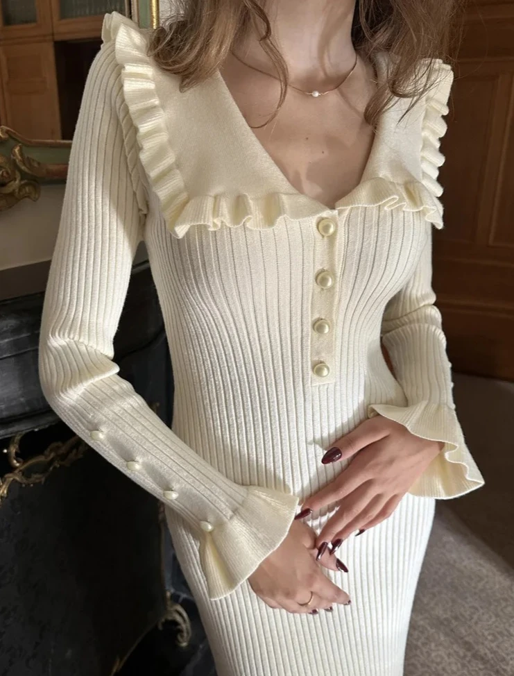 

Tossy Ruffled Patchwork Knit Maxi Dress For Women Elegant Ribbed Long Sleeve Party Dress Gown Slim Knitwear Fashion Long Dress