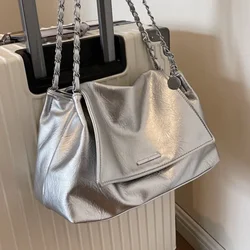 Casual Soft Surface Large Capacity Bag Women 2024 New Popular All-Match Chain Messenger Bag Popular Silver Shoulder Bag Handbag