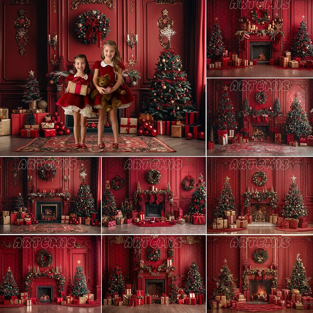 Christmas Photography Backdrop Red Wall Fireplace Christmas Trees Presents Decor Gifts Wreath Background Photo Studio Photo-call