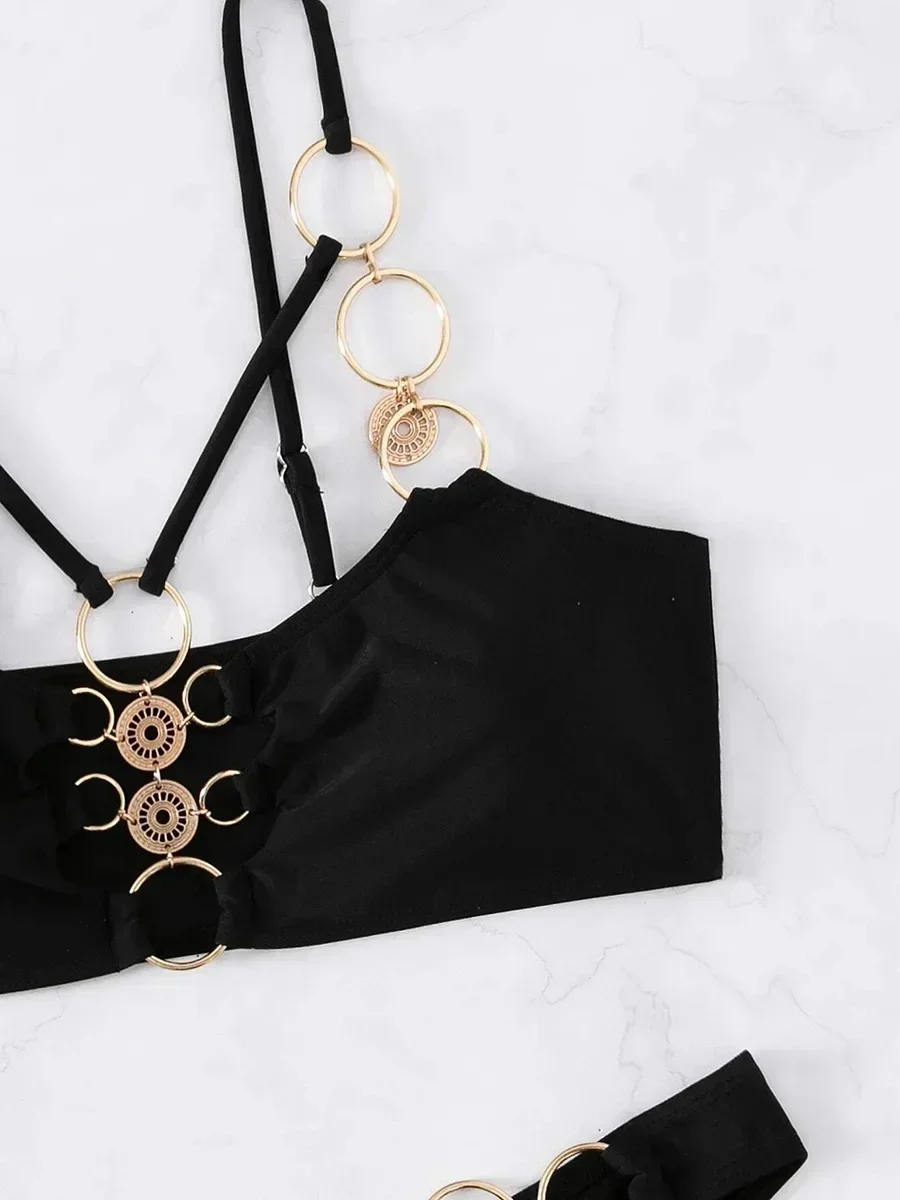 Sexy Metal Rings Hollow Out Bikini Women Swimsuit Female Swimwear Two Pieces Bikini Set High Cut Bather Bathing Suit Swim Lady
