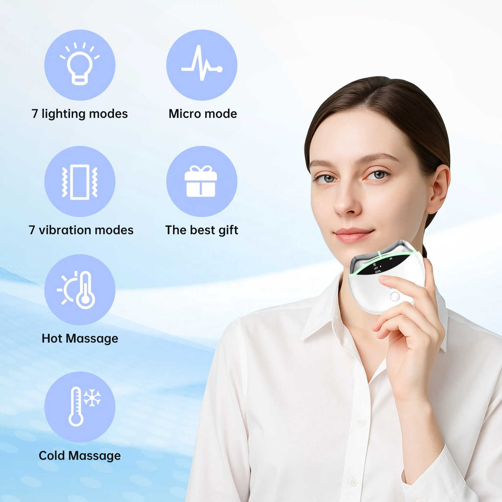 เครื่องนวดหน้า EMS FACE GUASHA พร้อมระบบทำความร้อน ช่วยกระตุ้นการไหลเวียนโลหิต ลดความร้อน กระชับรูขุมขน และลดรอยแดง 7 โหมดบำบัดผิวด้วยแสง