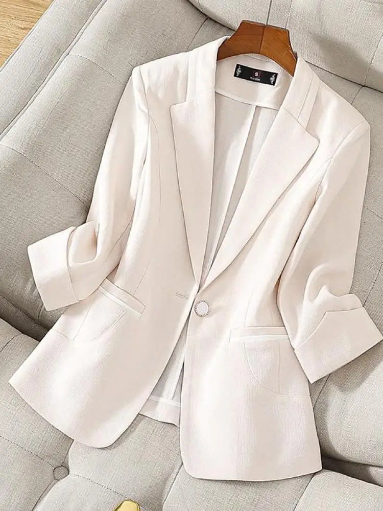 

Korean Women Blue Single Button Blazer Coat Spring Autumn Vintage Beige Seven Quarter Sleeve Versatile Workwear Commuter Tops