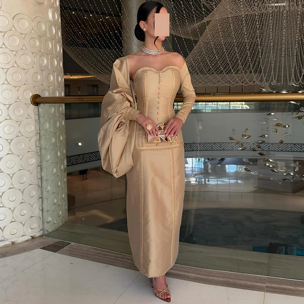 

Temperament Satin Evening Dress Luxury Sweetheart Long Sleeves Homecoming Dresses Customized Buttons Formal Occasion Gowns