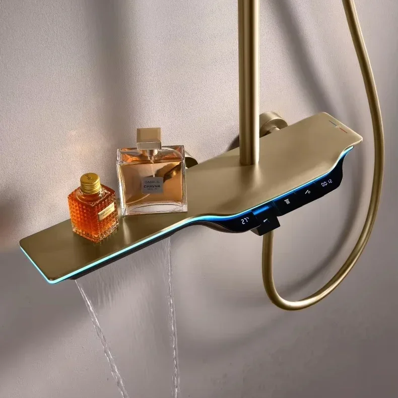 

Luxury Gold Bathroom Hot Cold Wall Mount Hung Led Digital Display Waterfall Bathroom Piano Faucets Shower