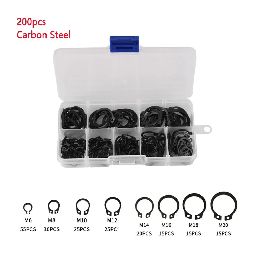 100/160/200Pcs External Retaining Circlips C-clip Washers Retaining Ring Internal Circlip Carbon Steel M6-M25  Circlip Set