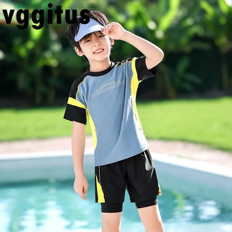 Minimalist Style Boys Split Swimsuit Set O-neck Short Sleeve T-shirt+Soft Lining Swimming Trunks Kids Water Park Swimwear H1157