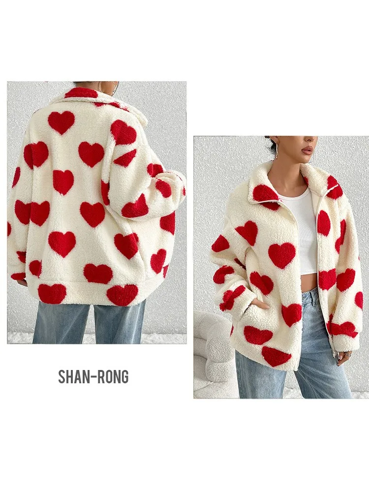سترة نسائية شتوية دافئة من القطيفة كاجوال على شكل قلب وسحاب سترة معطف للسيدات بياقة قلابة ملابس خارجية من الصوف