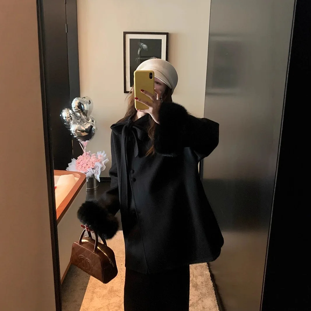 

Корейское шерстяное пальто, женская двусторонняя шерстяная бархатная куртка с бантом, элегантная новинка из натурального лисьего меха