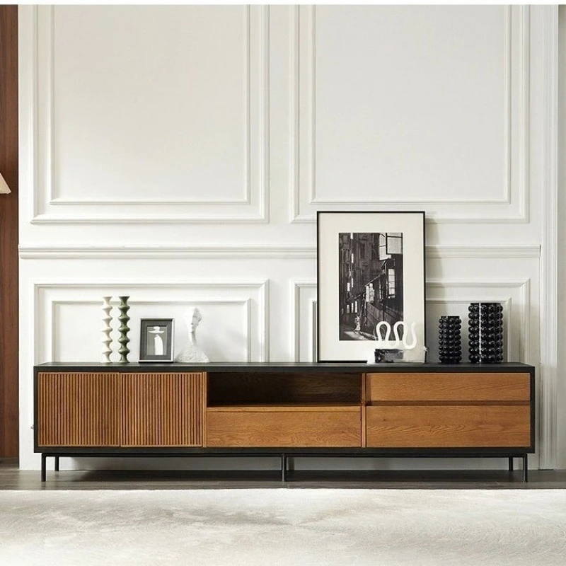 

Nordic solid wood TV cabinet, teak retro color matching wabi-sabi black oak modern storage floor cabinet