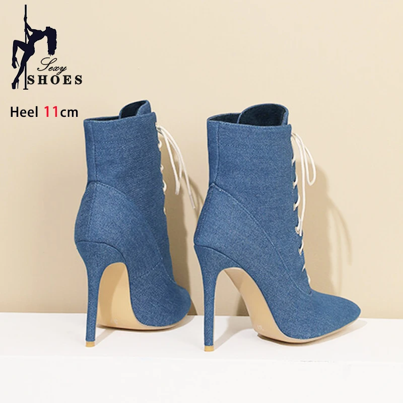 Stivaletti neri donna punta a punta 11CM tacchi alti da festa 2024 elegante donna primavera autunno scarpe in Denim stivaletti stringati 34-43