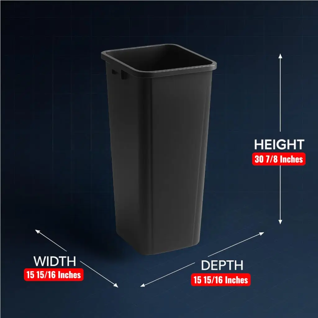 9 Pack Black 23 Gallon Square Commercial Trash Can, Heavy Duty Plastic Slim Waste Bin with Venting Channels and Built-in Handles