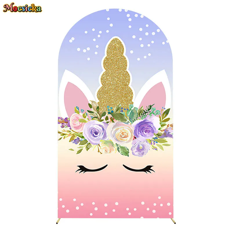 Rainbow Unicorn Double-Sided Fitted Top Covers Floral Glitter Stars Dot Birthday Baby Shower Backdrop Decor Background Photocall