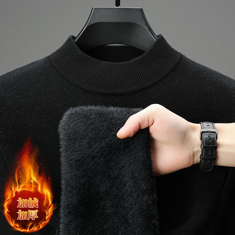 سترة رجالية شبه عالية الرقبة مع مخمل سميك للدفء، سترة شتوية من قطعة واحدة مخملية بلون سادة وأكمام طويلة