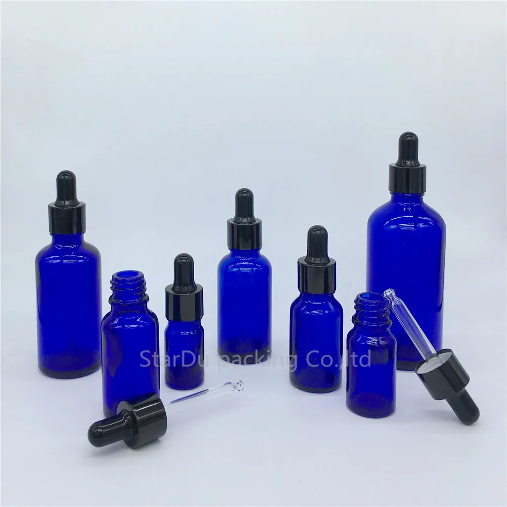 5ml, 10ml,15ml,20ml,30ML,50ml,100ml Blue Glass Bottle With Black Dropper Essential Oil Bottle , Blue Perfume Bottles 100pcs