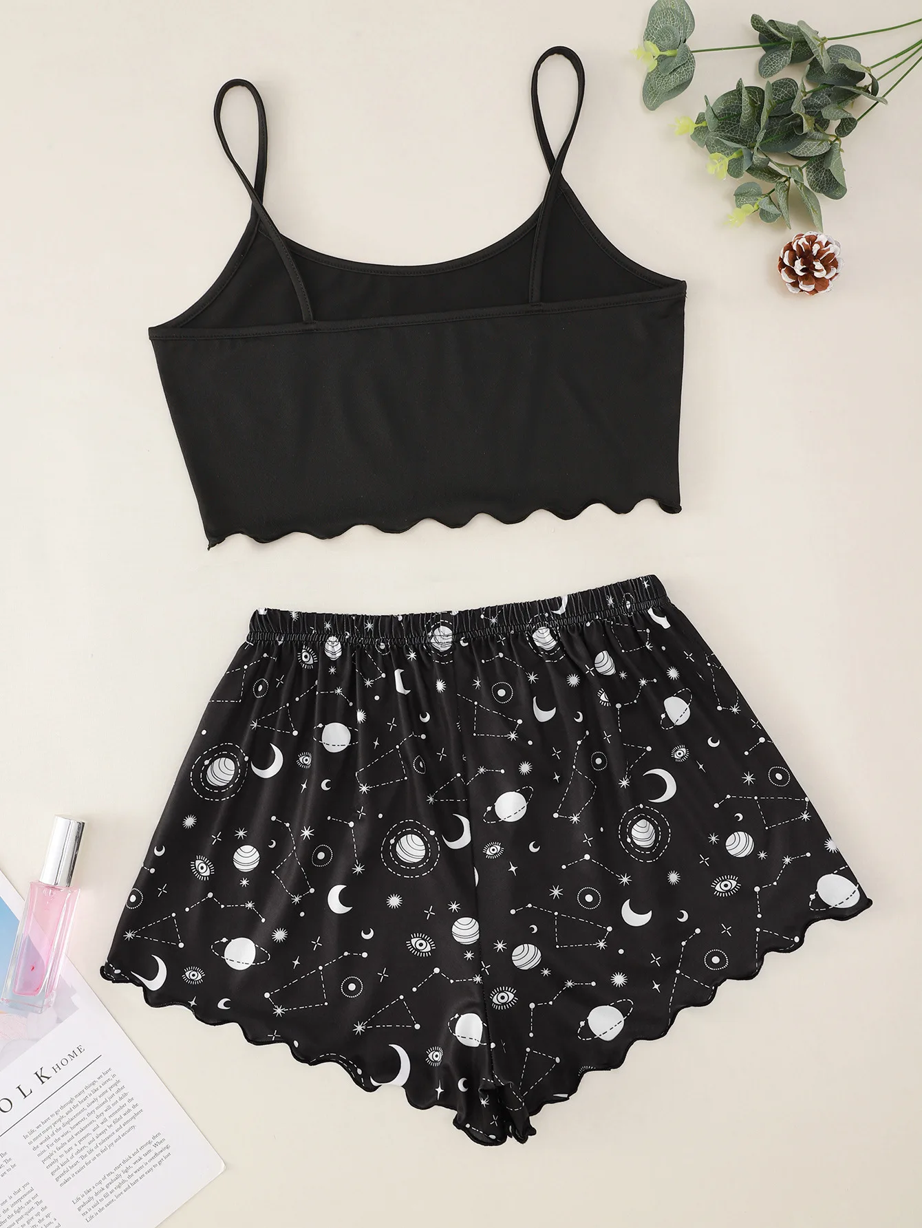 Summer Star Moon Printed Sleeveless Sling Crop Tops and Shorts Pajamas Set Women\'s Sleepwear Homewear Loungewear Pijamas