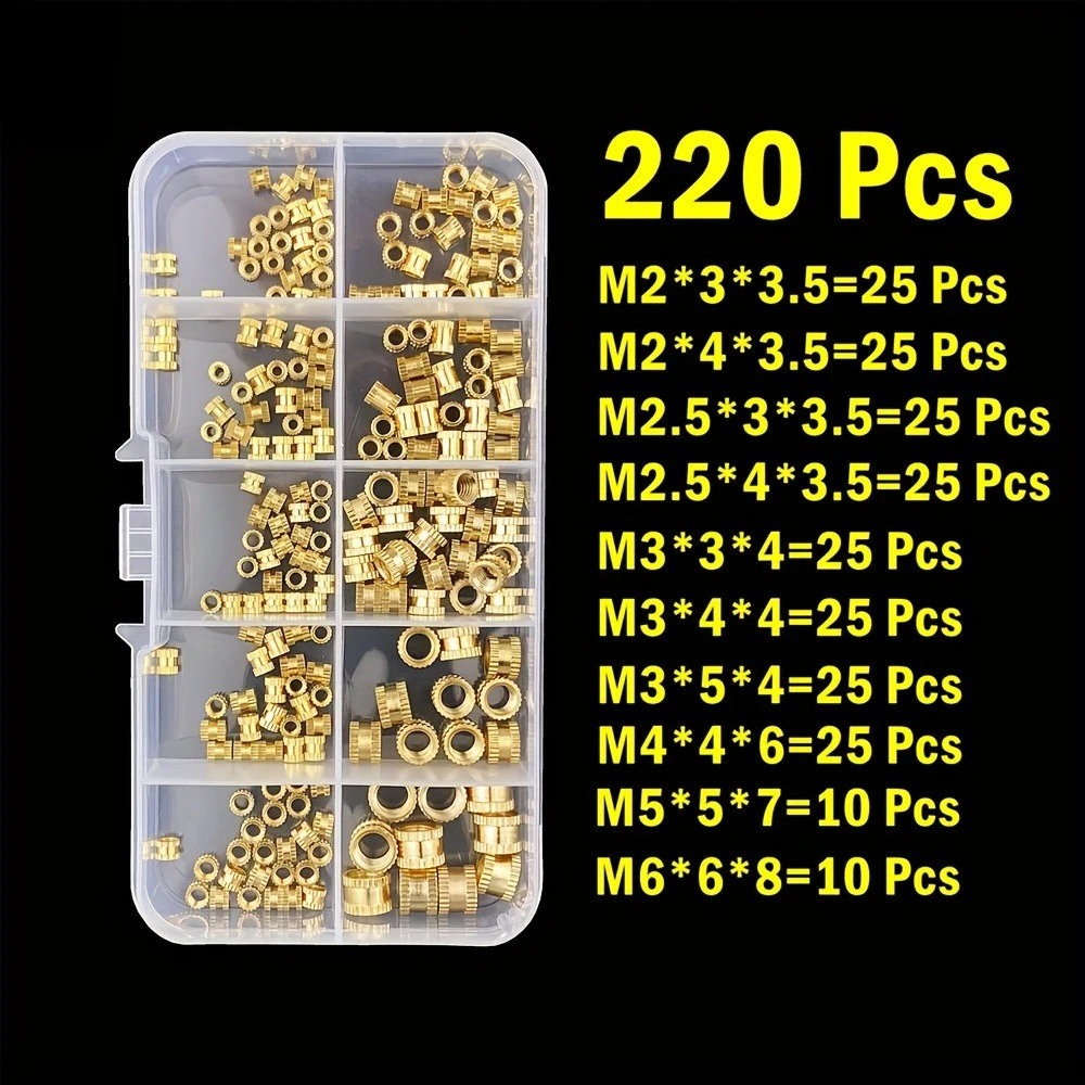220Pcs Plastic Inserts Brass Knurled Nuts Through Blind Holes Copper Clamps Inserts Embedded Parts M2 M2.5 M3 M4 M6 Nuts