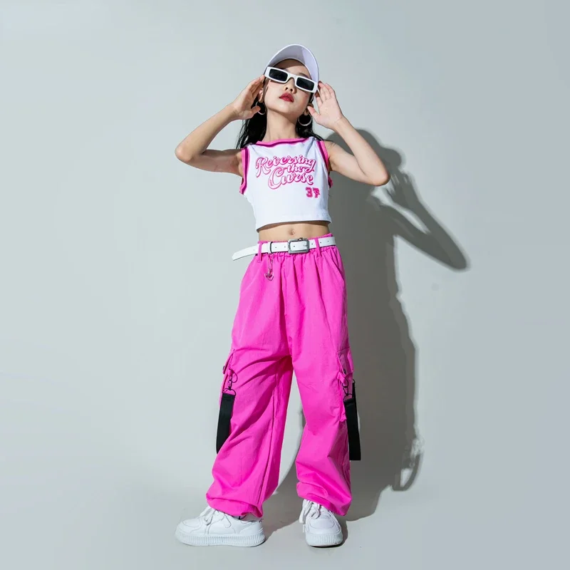 Girls Hip Hop Sweet Crop Tank Top Cargo Pants Clothes Sets Kids T-shirt Street Dance Joggers Child Streetwear Cute Teen Costumes