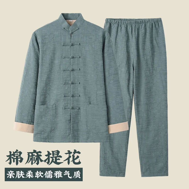 

Suit Men's Elderly Chinese Style Cotton Linen Jacquard Improved Two-Piece Zhongshan Long-Sleeve Retro Han Clothing