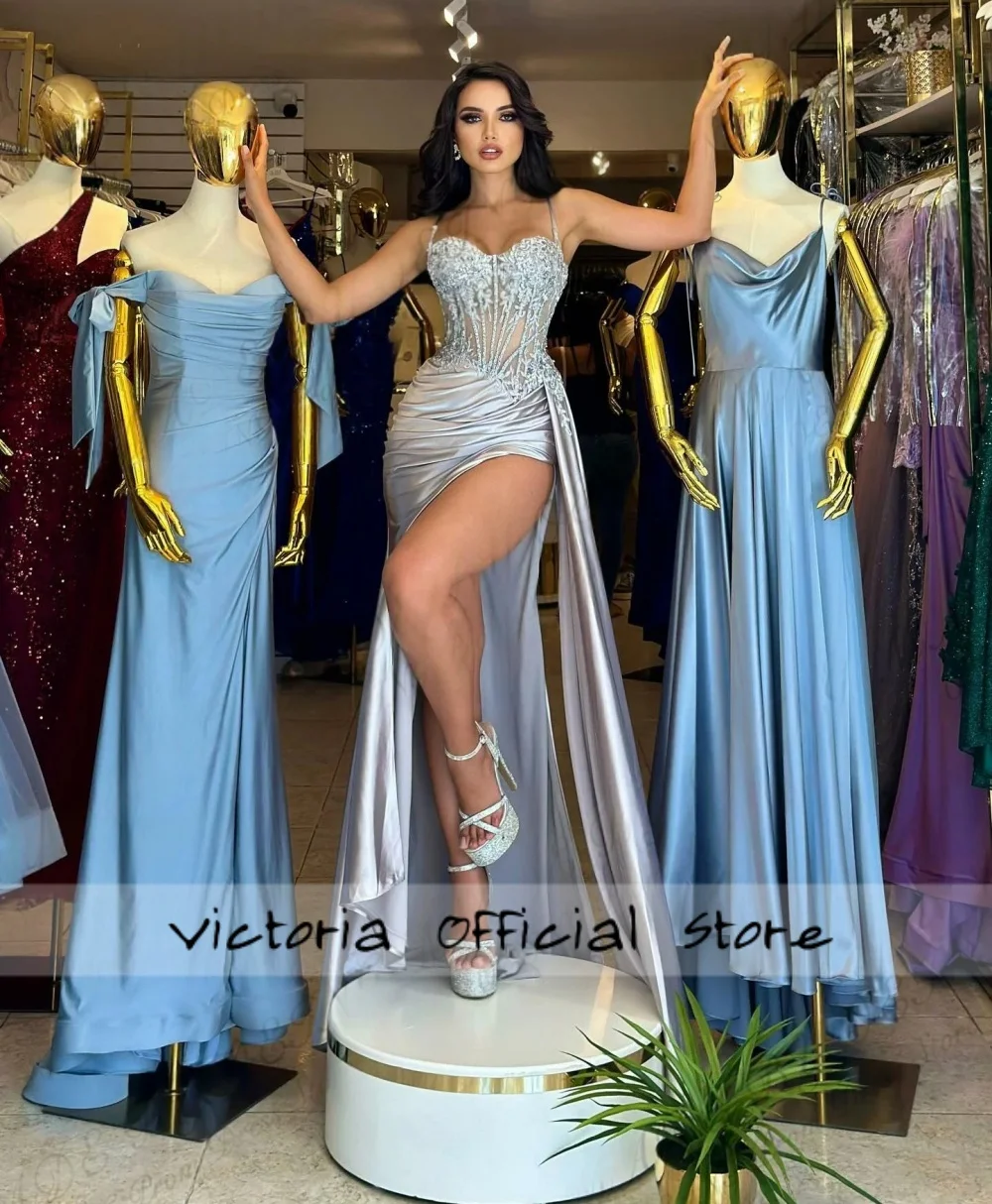 Corsé de ilusión de espagueti plateado, vestidos de noche de corte A, vestido de Gala de fiesta de graduación de sirena de lujo para ocasiones especiales personalizado