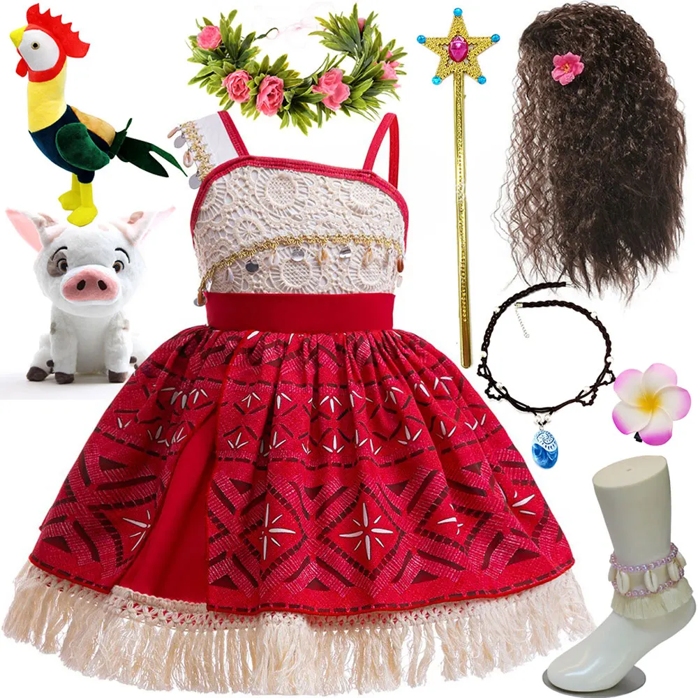 

New Moana Princess Dress Movie Moana 2 Princess Moana Same Style Sleeveless Suspender Dress + Same Necklace Anklet Wig Set