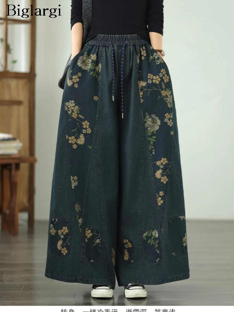 

Джинсы большого размера, осенние брюки с эластичной резинкой на талии, женские брюки с цветочным принтом, модные женские брюки в стиле ретро, широкие свободные женские брюки